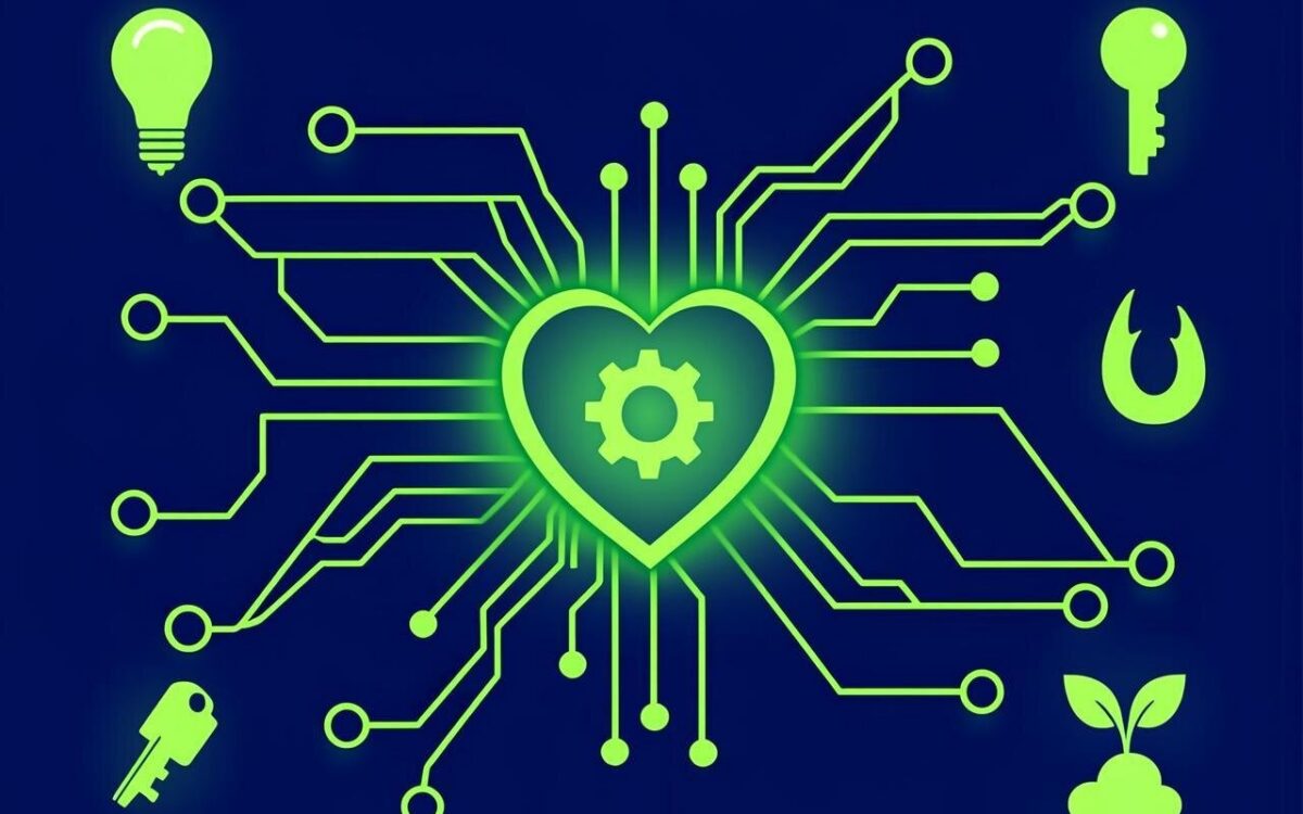 A flat 2D illustration on a deep navy background showing an intricate network of interconnected nodes and pipelines, glowing in soft neon green. At the centre, a stylised heart-shaped gear pulses with green light, sending energy along the connections. Smaller icons — a lightbulb, a key, a magnet, a sprouting seed — hover quietly at the edges of the network, illuminated by subtle green highlights, suggesting hidden superpowers emerging from an unassuming machine. Minimalist, geometric, dark blues with luminous green accents throughout.